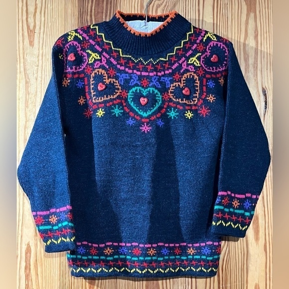 Grand Other - VTG GRAND Made in USA Blue Multicolored 3/4 sleeve Mock Neck Sweater 3D Hearts